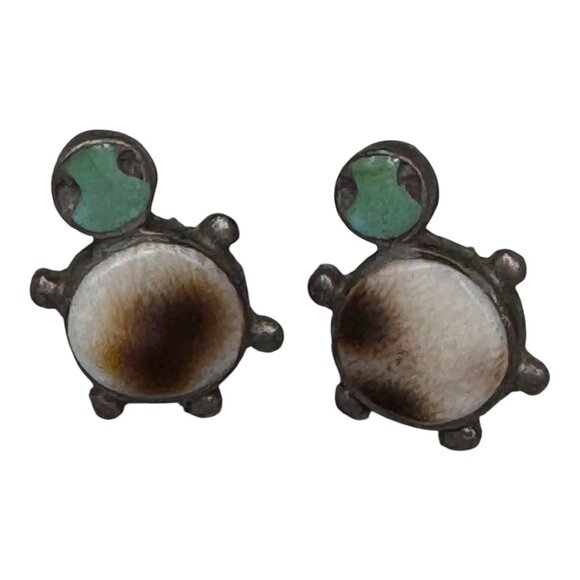 Vintage Zuni Turquoise Inlaid & Shell Turtle Sterling Silver Stud Earrings READ - Picture 1 of 4
